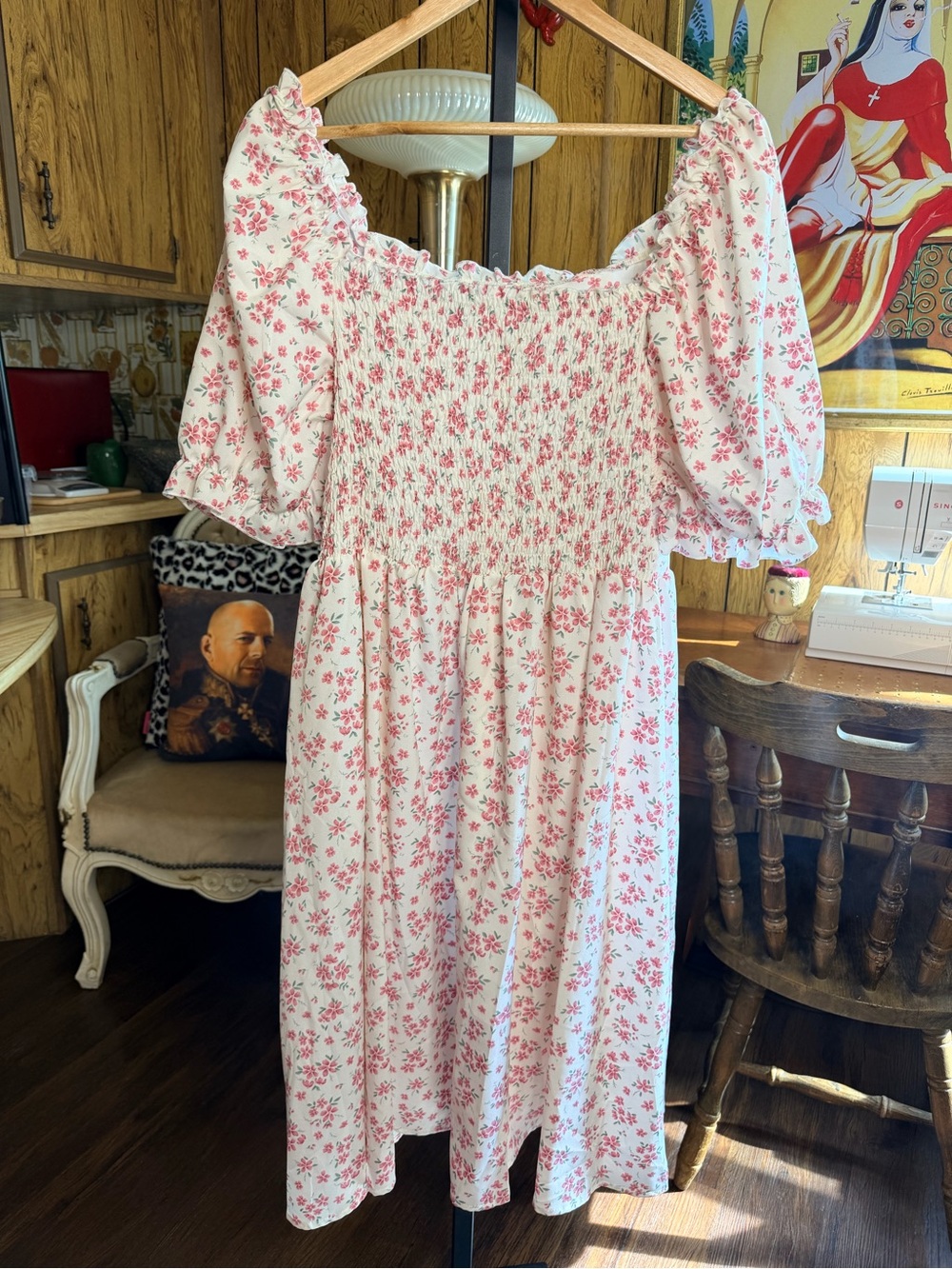 Pink Floral Corset-Tie Smocked Puffed Shoulder Dress